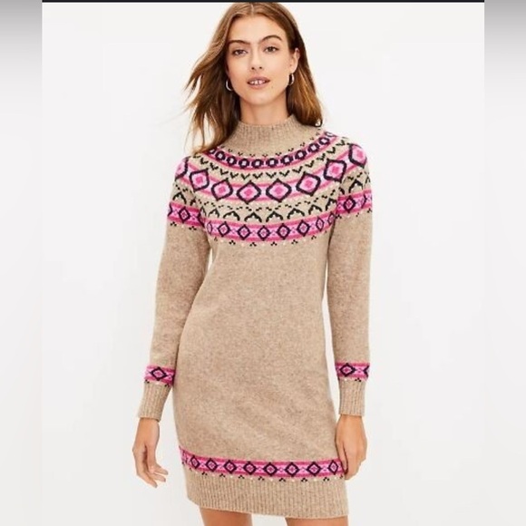 LOFT Dresses & Skirts - LOFT Tan Fair Isle Sweater Dress – Size XL – Cozy Winter Style